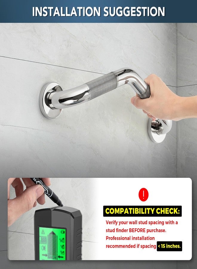 JOY DECOR Grab Bars for Bathtubs and Showers- 1-1/4 x 16 Angled Shower Grab Bar for Seniors Knurled Stainless Steel Handicap Grab Bars for Wall, 15" Hole Center (Polished Nickel, 1 Pack) - Image 2